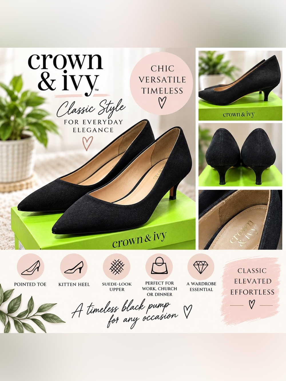 crown & ivy Black Pointed Toe Pumps Suede 8.5 size